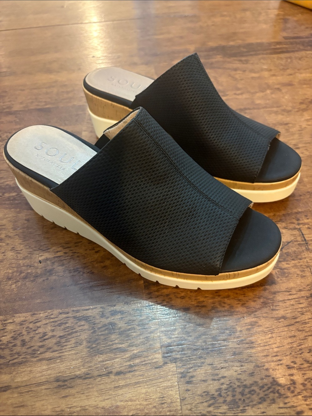 Naturalizer Black Wedge Slide Mules with Tan Platform